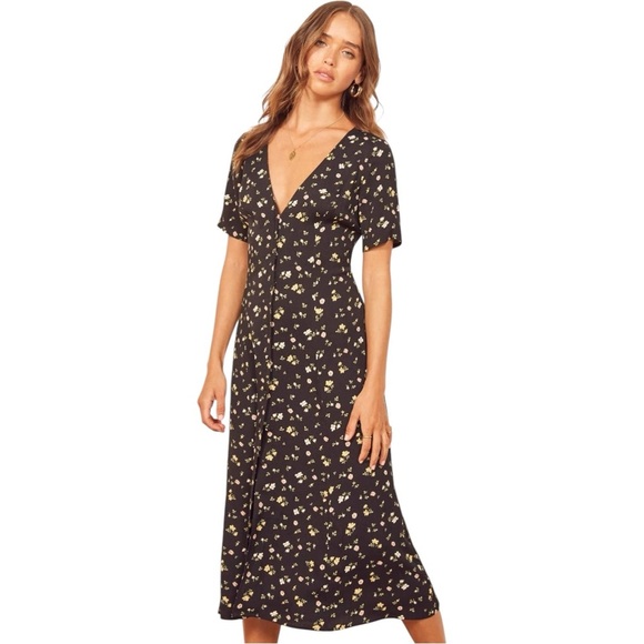 REFORMATION Locklin Midi Dress in Venezia Black Floral Crepe Short Sleeve XS 0 - Picture 3 of 11